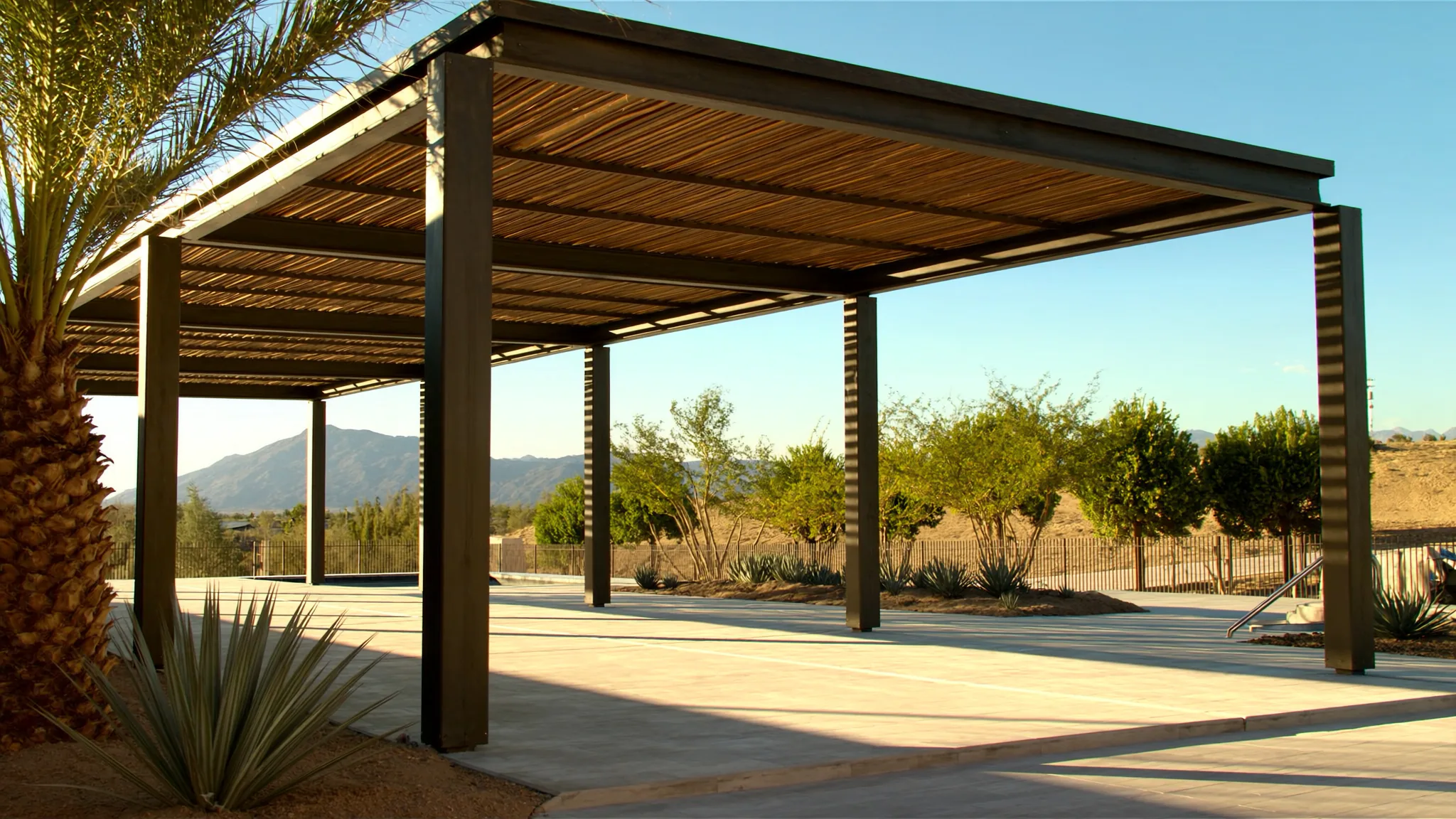 Community ramada shade structure over a pool deck in the Phoenix Metro